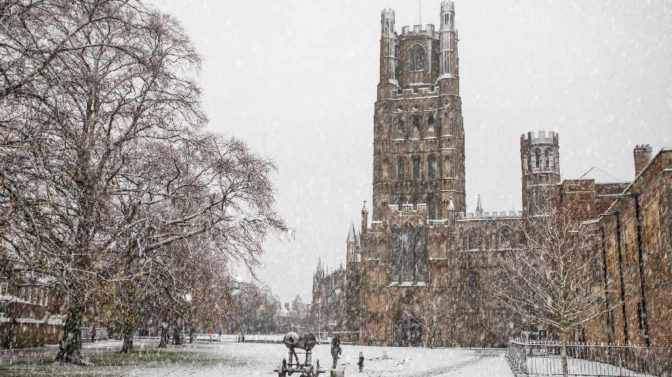 Ely cathredral during snowstorm